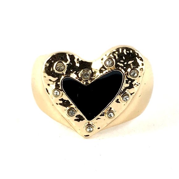 Jewelry - Black Enamel Heart Gold Tone CZ Ring Size 9.25